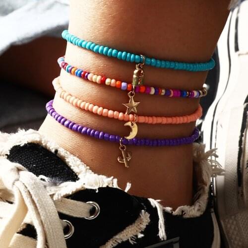 4pcs/Set Bohemia Handmade Beads Anklet Moon Star Pendant Elastic Barefoot Chain Foot Jewelry for Women Summer Beach Accessories