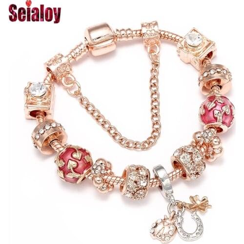 SEIALOY Lucky Horseshoe Charm Bracelets For Women Men Original Crystal Beaded Lucky Charm lover Couple Rose Gold Bracelet Bangle