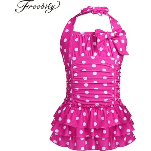 Summer Kids Girls Swimming One-piece Adjustable Halter Polka Dots Ruched Tiered Girls Swimsuit Swimwear Children Bathing Suit
