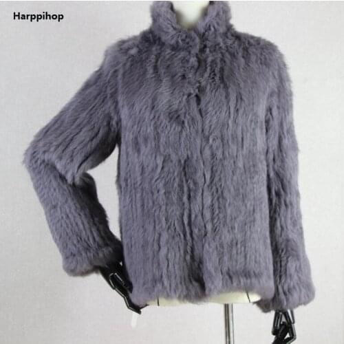 Harppihop top sell fur New Genuine Rabbit Fur Coat Fashion Women knit Rabbit Fur Jacket Winter Warm Rabbit Fur Outwear HP-716