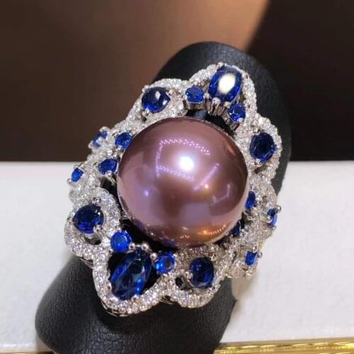 Pearl Ring Fine Jewelry 925 Sterling Silver Natural Round 12-13mm Fresh Water Purple Pearls Rings for Women Presents