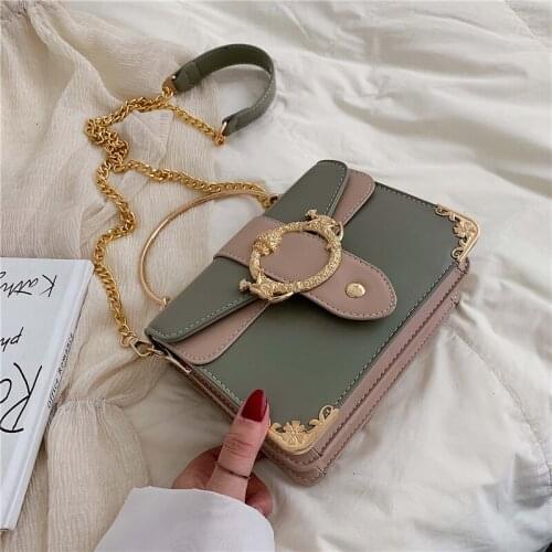 Contrast color Square crossbody bag Totes With Metal Handle Quality PU Leather Womens Handbag Chain Shoulder Messenger Bag