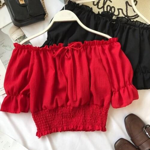 Summer Tank Beach Women Crop Top Ruched Pullover Elastic Waist Off Shoulder Sexy Strapless Holiday Club Lantern Sleeve Casual