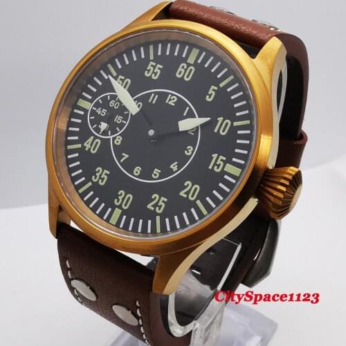 43mm Corgeut Mens Sterile Black Dial Coffee case 17 Jewels 6497 Hand Winding sapphire crystal mens Mechanical WristWatches