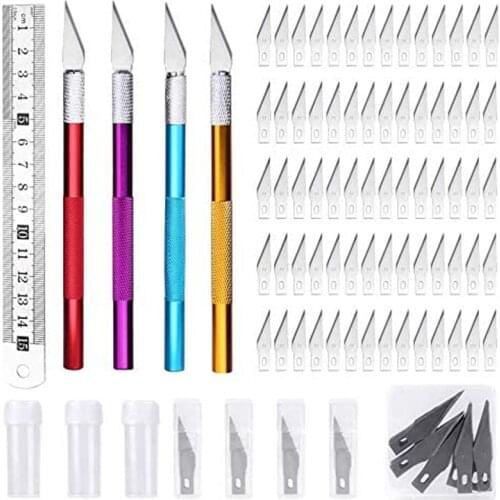 MIUSIE Hobby Knife Kit, Precision Craft Knife Set, 4 Pcs Sharp Carving Knives with 70 Pcs Bottled Blade, Stainless Steel Ruler