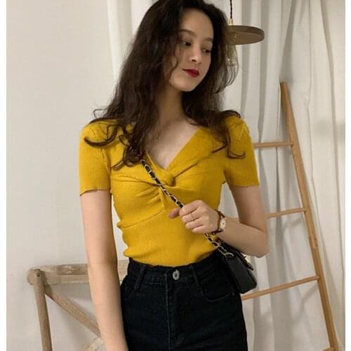 New Wholesale Women Summer Slim T Shirt Clothes Female Tops V-neck Tshirt Harajuku tshirts