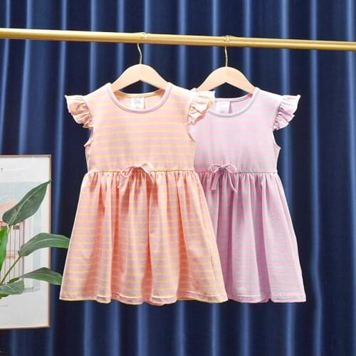 Toddler Girls Dress striped Flying sleeve o-neck cotton 100% female children clothes mini dress infants Robe de fille Vestido