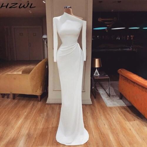 Simple African White Prom Dresses Cheap One Shoulder Long Sleeves Mermaid Evening Dress Floor Length Zipper vestido de festa