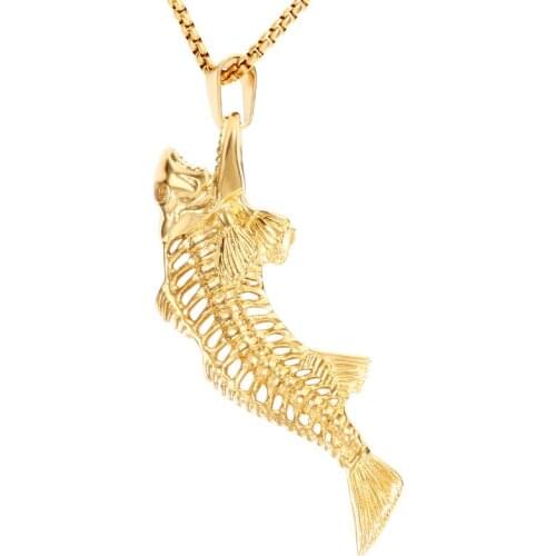 RIR Skeleton Fish Bone Necklace Stainless Steel Silver Gold Mens Animal Fish Skeleton Pendant Necklaces Fashion Jewelry