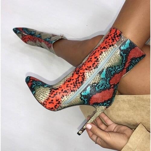 Newest Women color Snakeskin Mid Calf Boots Crude High Heels Pointed Toe Leather Serpentine Boots Designer Winter Zip Boots