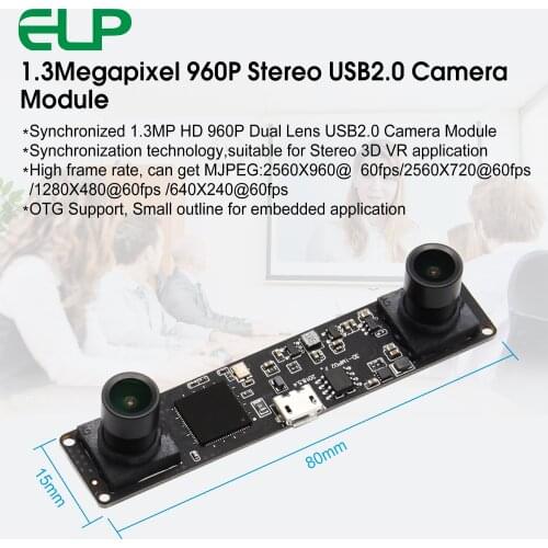 Synchronization 1.3 Megapixel 960P HD CMOS OV9750 MJPEG 60fps Stereo Camera Module 3D USB2.0 Webcam Video Camera Board