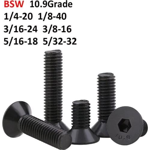BSW Countersunk Head Screws British Standard Grade 10.9 Black Hex Hexagon Socket Flat Head Screw Bolts 1/4-20 1/8-40 to 5/32-32