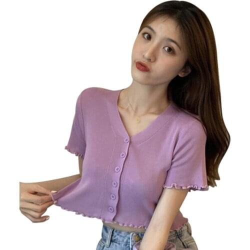 Summer Vintage Wood Ears V Neck T-Shirt Woman Short Sleeve Button Slim Fit T Shirt Tight Tee Retro Knitted Tops 6 Colors