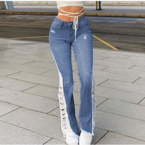 Vintage Y2k Aesthetic Flare Jeans Women Sexy Slim Side Hole 2021 Wide Leg Trousers Streetwear Low Rise Denim Pants Korean