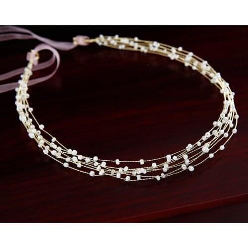 New Bride Pearl Ribbon Princess exquisite handmade beaded atmospheric gold hairband headdress wedding hair accessories