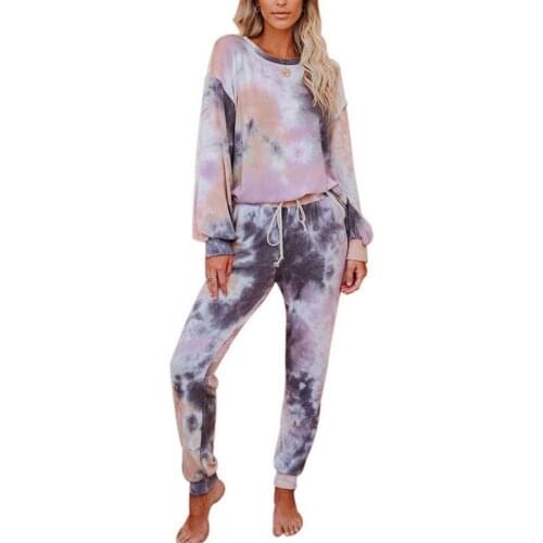 2020 Autumn Womens Pajamas Set Fashion Tie Dye Patterns Long Sleeve Top High Waist Drawing Straps Elastic Long Pants 2Pcs Set