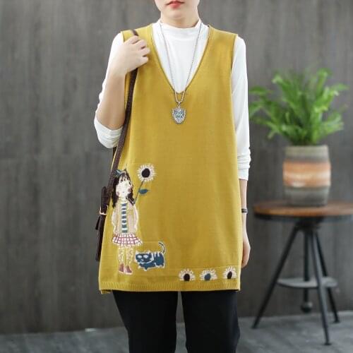 2021 Winter Women Knitted Vests Cotton Vintage Cartoon Embroidery Sleeveless Sweaters V-neck Female Casual Jumpers Outwears