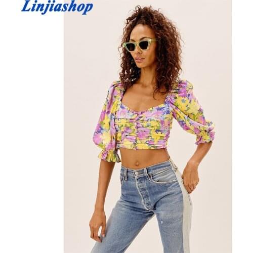 Vintage Multicolor Print Pleated Crop Top Women Sexy V Neck Puff Sleeve Holiday Boho Summer Tops Fashion blusas
