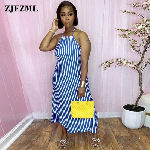 Veritcal Striped Print Irregular Dresses for Women Halter Neck Backless Loose Vestidos Summer Female Sleeveless Holiday Dress