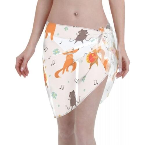 Women See-Through Beach Bikini Cover Up Wrap Scarf Pareo Sarong Dress Animals Play Musical Instruments Casual Beach Dress