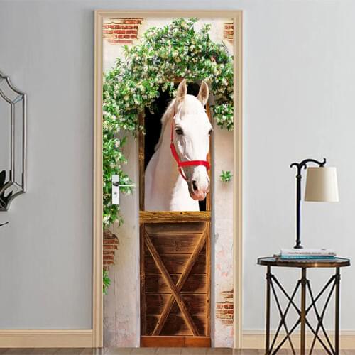 3D White Horse Photo Mural Wallpaper Door Wall Decals PVC Self Adhesive Waterproof Living Room Bedroom Door Stickers Home Decor