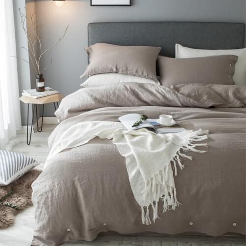 4pcs Linen Comforter Bedding Set Solid Deep Khaki Color Simple Lavish Textured Duvet Cover Soft Bed Sheet Pillow case Queen Size