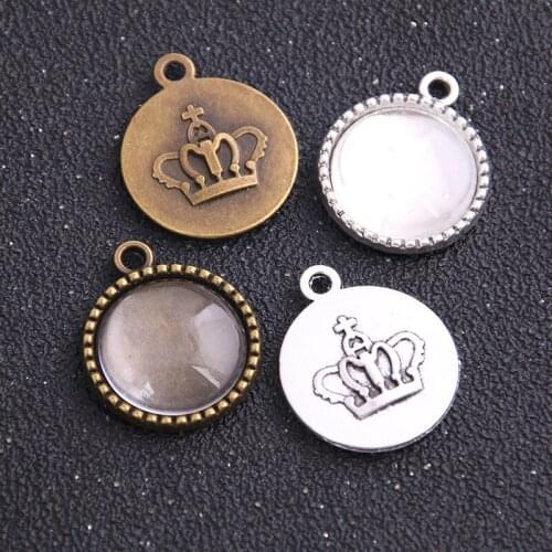 8pcs/lot two color Metal Cameo Crown 18mm Round Cabochon Pendant Settings Jewelry Charms