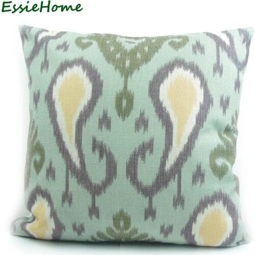 ESSIE HOME High-End Hand Print Fresh Green Paisley Ikat Pattern Pillow Case Cushion Cover For Sofa Vintage Look Home Decoration