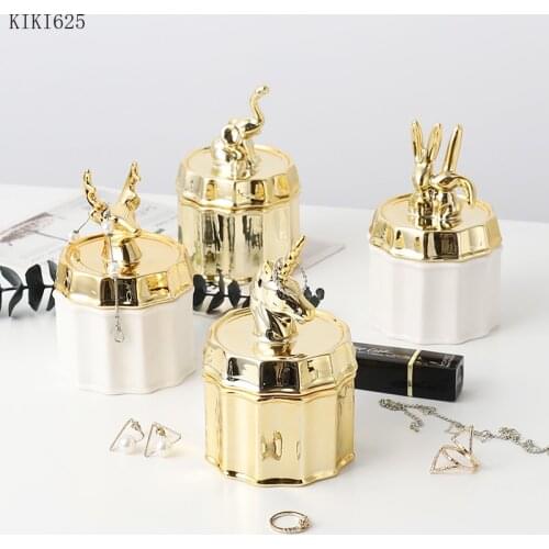 European Electroplating Golden Ceramic Storage Jar Jewelry Ring Necklace Storage Box Sealed Jar with Animal Lid Home Decoration