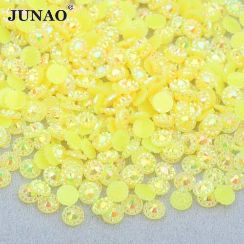 JUNAO Wholesale 4mm 5mm 6mm Neon Yellow Round Flower Rhinestones Flatback Resin Crystal Appliques Loose Stones Scrapbook Beads