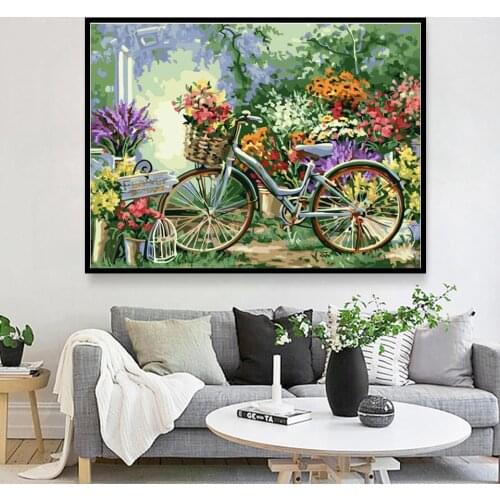 Oil Painting By Numbers "Flowers and Bicycles"Drawing on Canvas HandPainted Art Gift DIY Picture By Number Kits Wall Decor