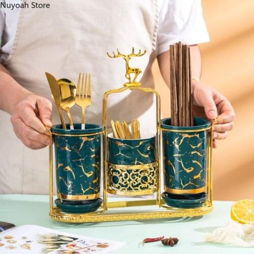 Modern Ceramic Drain Rack Light Luxury Golden Deer Chopstick Cage Wall-mounted Multifunctional Chopstick Rack Kitchen Supplies