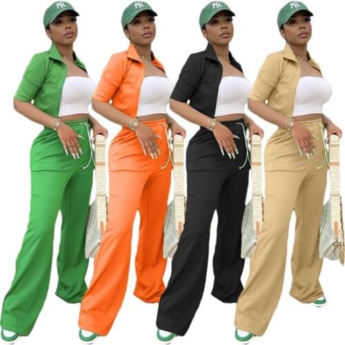 Two Piece Set Fall Clothes for Women Outfit Zip Half Sleeve Short Coat Top Wide Leg Pants Sets Tracksuit Wholesale Dropshipping