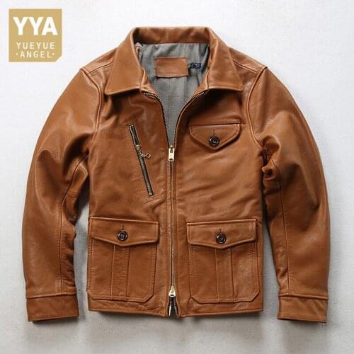 Vintage Men 100% Natural Goat Leather Jacket Pockets Windproof Biker Outerwear Coat Man New Designer Short Slim Fit Cargo Jacket