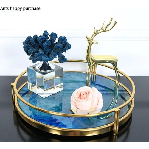 European Style Blue Agate Stone Pattern Metal Tray Round Rectangular Tray Cosmetic Accessories Storage Show Plate Decoration