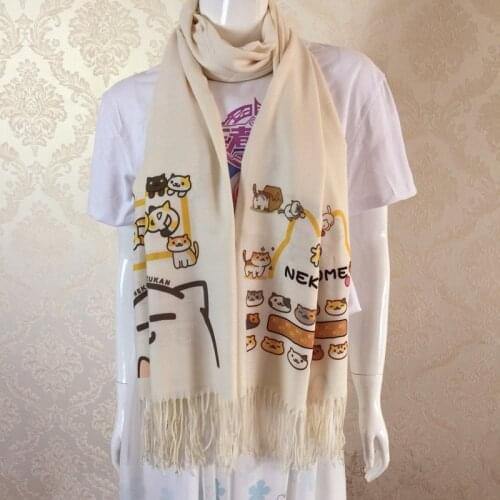 Neko Atsume Cat Scarf Anime Women Boys Girls Imitation Cashmere Autumn Winter Warm Tassel Scarf Shawl Soft Warm Wrap Gift
