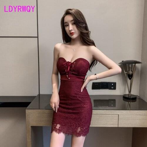 Night scene womens low-breasted slimmed technician workwear with chest lace sexy dress