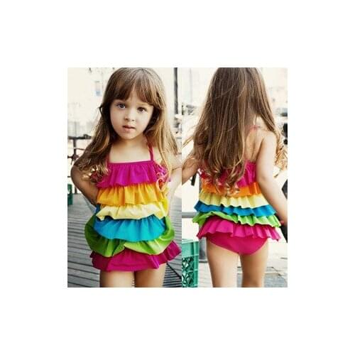 New Cute Lovely Ruffles Kids Rainbow One-piece Dress Girl Children Rainbow Swimwear Baby Swimsuit Bathing Suit For 2-9 years old