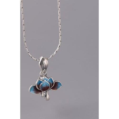New Silver Enamel Lotus Blue Pendant Necklace clasp original Chinese minority design retro charming womens jewelry