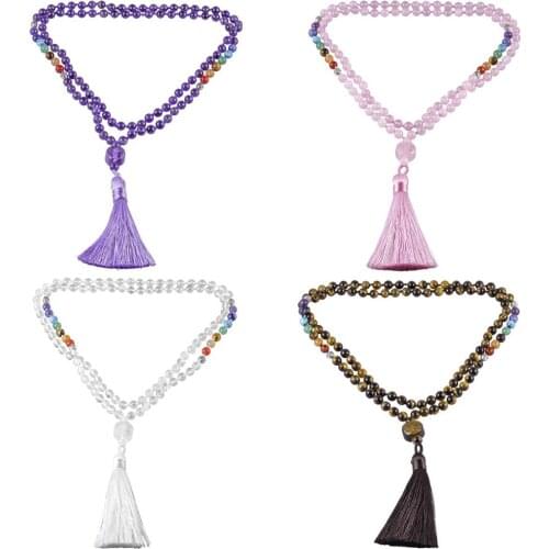 TUMBEELLUWA Healing 7 Chakra Crystal Tibetan Mala Stone Necklace,Tree of Life Ornament Prayer Beads Bracelet with Tassel Jewelry