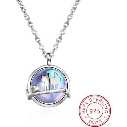 Cute Boho Female Blue White Opal Necklace 925 Sterling Silver Cat Necklace Big Animal Pendants Necklaces For Women