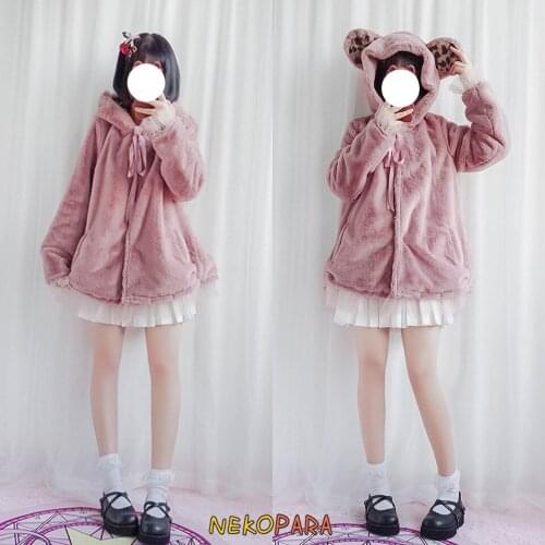 Cute Bear Ears Womens Faux Fur Fluffy Hooded Coat Winter Lolita Outwear Loose Jacket Warm Pink Yarn