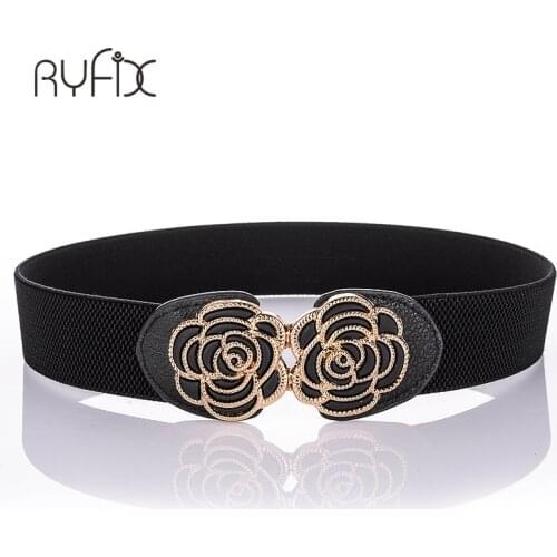 Women Ladies Girls Fashion Wide Braided PU Black Stretchy Elastic Waist Belt Waistband Elastic Waist Flora Buckle BL276
