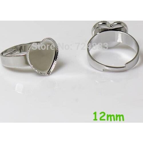 Blank Bezel Ring bases w/ Inner 12mm Heart pads tray Glass Cabochon Brass Adjustable Ring Settings Findings Silver tone