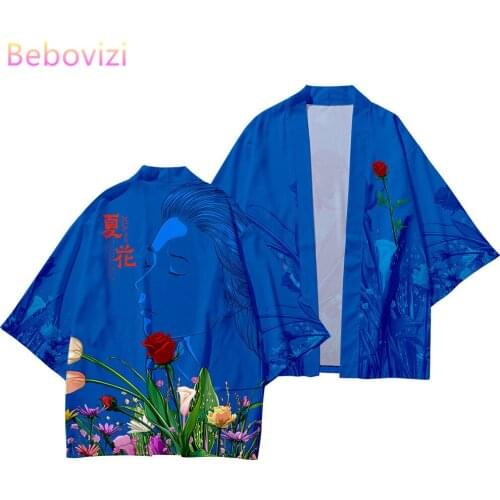 Plus Size 4XL 6xl Blue Street Fashion Beach Japanese Kimono Sets Mujer Robe Cardigan Men Shirts Yukata Haori Womens Clothing