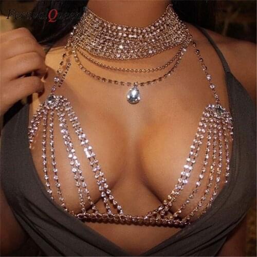 Sexy Crystal Rhinestones Body Jewelry Fashion Bikini Chain Underwear Bra Design Summer Beach Necklace Jewelry