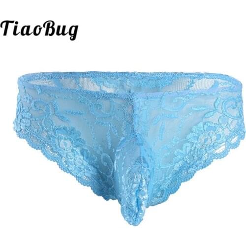 TiaoBug Men Lace Floral Transparent Thong Briefs Penis Bulge Pouch Low Rise Sissy Panties Lingerie Porno Sexy Male Gay Underwear