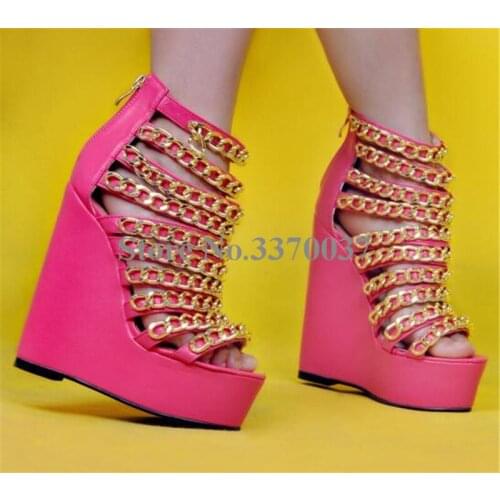 Ladies Super High Pink Chain Design Wedge Sandals Cut-out Zipper-up High Platform Height Increasing Sandals Dress Shoes
