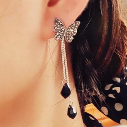 Fashion Women Long Tassel Stud Earring Black Butterfly Cute Animal Crustal Pendant Chain Tassel Dangle Earrings Drop Earrings
