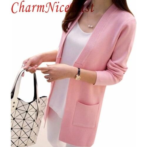 Women sweaters 2017 new arrival Middle long Model V neck Long sleeve Cardigans Spring fashion Knitted Pure Color Hot Sale